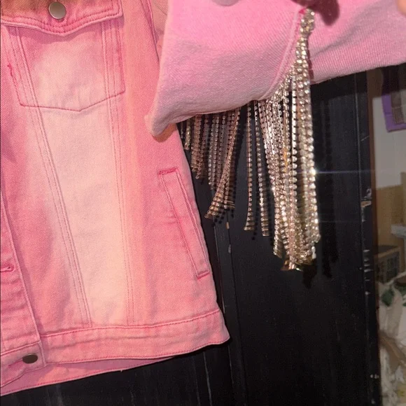 Savanna Jane Pink Jean Jacket with Rhinestone Fringe - Picture 7 of 9